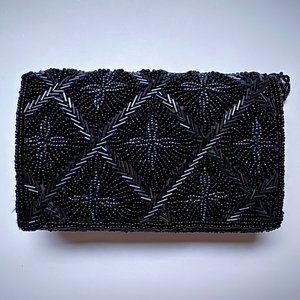 Vintage black beaded purse clutch with chain